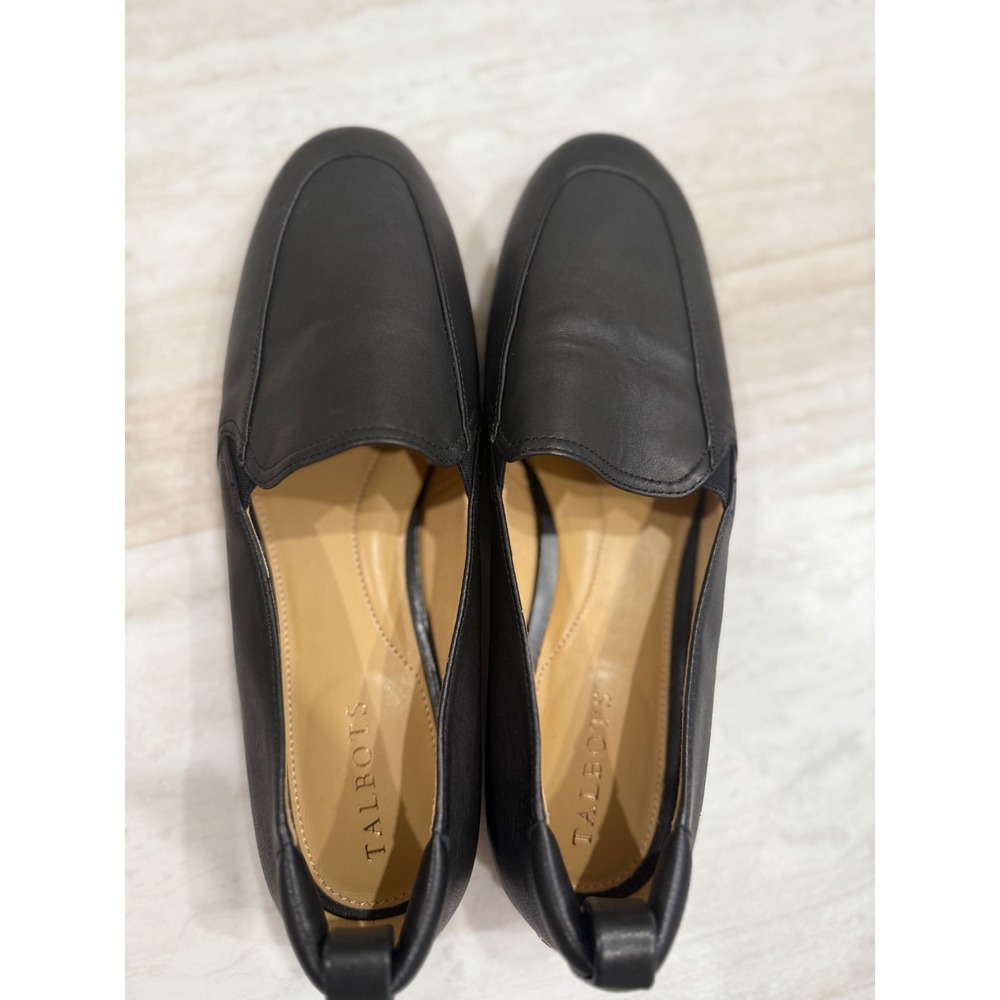 Talbots Womens Black Leather Slip On Loafers Almond Toe Flats Size 9.5M